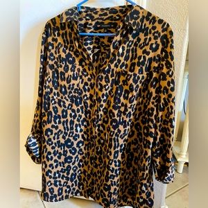 Talbots Leopard Print Long Sleeve Button-Down Shirt w/ Tabbed Sleeves